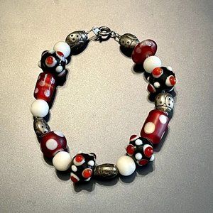 4 for $20 SALE- Red, Black & White Lampwork Glass Bead Bracelet